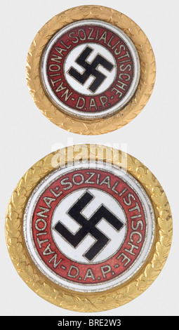 District Instructional Leader August Schöllhorn - a set of golden party badges, personally awarded by Adolf Hitler The 30 mm as well as the 24 mm non-ferrous metal Deschler type issue with reverses engraved '30.1.1943 - A.H.', vent holes and lateral pin attachments. Gilt, with silvered medallions. Red leather dual case with gold-stamped eagle, sand coloured cushion (stained, and the notches are cut for the vertical attachment pin variety), light coloured silk lining. The ca. 650 awards with engraving were recognized as personal praise by Hitler. Among the award, Stock Photo