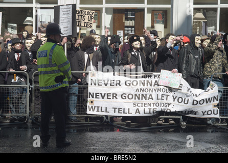 Anonymous protest against the Church of Scientology held on April 12, 2008 on Tottenham Court Road in London, UK. Stock Photo