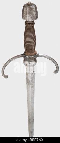 A German left-hand dagger, circa 1600 Double-edged blade with ridges on both sides and a strong ricasso. Chiselled iron quillons with a ring for the thumb. Conical faceted pommel with original iron wire grip winding and Turk's heads. Beautiful, unaltered condition. Length 49 cm. historic, historical,, 17th century, dagger, daggers, thrusting, thrustings, baton, weapon, arms, weapons, arms, fighting device, object, objects, stills, clipping, cut out, cut-out, cut-outs, Stock Photo