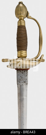 A cavalry officer's sword, Saxon Electorate, circa 1730 Straight, double-edged blade of flattened hexagonal section and the crowned cipher 'AR' on the ricasso. Brass hilt with remnants of gilding, a heart-shaped guard, knuckle-bow, and a fluted pommel. The grip is densely wound with copper wire. Cleaned blade with small rust pits. Length 96 cm. Cf. Hilbert, Blackwaffen aus drei Jahrhunderten, p. 72, fig. 68. historic, historical, 18th century, Electoral Saxony, Electorate of Saxony, object, objects, stills, clipping, clippings, cut out, cut-out, cut-outs, weapo, Stock Photo
