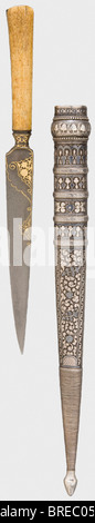 A Persian kard with a nielloed silver scabbard, circa 1800 Wootz-Damascus blade with a cut back, and a faceted, constricted ferrule. Both sides of the base of the blade and grip frame bear floral and ornamental gold inlay. Walrus ivory grip scales, one side an (old) addition. Caucasian silver scabbard, the obverse with embossed and niello decoration, the reverse side bears the maker's inscription and the date '1334 (= 1916). Dagger length 30 cm. historic, historical, 19th century, Persian Empire, object, objects, stills, clipping, clippings, cut out, cut-out, c, Stock Photo