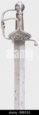 A German campaign sword, middle 17th century Heavy, double-edged blade with ridges on both sides. The iron knuckle-bow hilt with a thumb ring. Iron guard with relief decoration on the obverse side. Grip retaining the original iron wire winding and Turk's heads. Round iron pommel. Length 94 cm. historic, historical,, 17th century, sword, swords, weapons, arms, weapon, arm, fighting device, military, militaria, object, objects, stills, clipping, clippings, cut out, cut-out, cut-outs, melee weapon, melee weapons, metal, Stock Photo