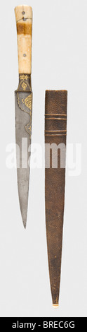 A Persian kard with gold inlay, circa 1800 A sturdy wootz-Damascus blade with a cut, partially gold-inlaid back. The base of the blade, ferrule, and grip frame are richly inlaid in gold with Koranic surahs. Somewhat stained (one side cracked) walrus ivory grip scales. Wooden scabbard covered with brown shagreen leather and with an ivory button on the chape. Dagger length 37.3 cm. Published in Hermann Historica, 'Dolch und Messer', 4th volume, No. 26. historic, historical, 19th century, Persian Empire, object, objects, stills, clipping, clippings, cut out, cut-o, Stock Photo