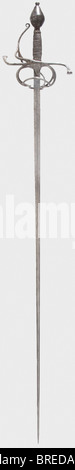 A German rapier, circa 1600 Slender blade of flattened hexagonal sectione, on the obverse ricasso a blossom-shaped mark. Iron swept hilt with S-shaped quillons, wire wound grip with Turk's heads and a heavy, double-conical pommel. Length 129 cm. historic, historical,, 17th century, sword, swords, weapons, arms, weapon, arm, fighting device, military, militaria, object, objects, stills, clipping, clippings, cut out, cut-out, cut-outs, melee weapon, melee weapons, metal, Stock Photo