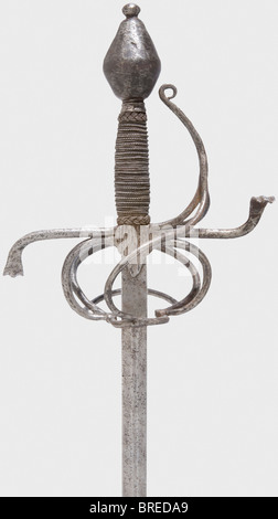 A German rapier, circa 1600 Slender blade of flattened hexagonal sectione, on the obverse ricasso a blossom-shaped mark. Iron swept hilt with S-shaped quillons, wire wound grip with Turk's heads and a heavy, double-conical pommel. Length 129 cm. historic, historical,, 17th century, sword, swords, weapons, arms, weapon, arm, fighting device, military, militaria, object, objects, stills, clipping, clippings, cut out, cut-out, cut-outs, melee weapon, melee weapons, metal, Stock Photo