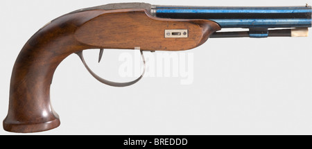 A cased waterproof percussion pistol, Johann Missillieur, Vienna, circa 1830. Round, smooth bore (re-blued) barrel in 17 mm calibre with patent breeches. Signed on the sighting flat 'MISSILLIEUR A VIENNE PATENT'. Engraved box-lock opening on top by pressing a lateral release button. The action mechanisms is cocked by pushing the trigger forwards. Trigger guard engraved with floral decoration. Smooth walnut stocks, the wooden ramrods with horn tips. Length each 32 cm. In a cloth fitted wooden case with some accessories and a key. Dimensions 32 x 22 x 7 cm. Johan, Stock Photo