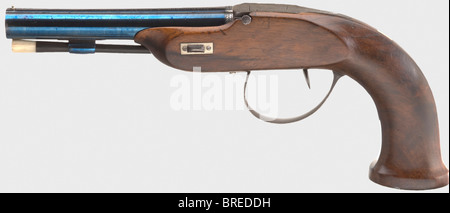 A cased waterproof percussion pistol, Johann Missillieur, Vienna, circa 1830. Round, smooth bore (re-blued) barrel in 17 mm calibre with patent breeches. Signed on the sighting flat 'MISSILLIEUR A VIENNE PATENT'. Engraved box-lock opening on top by pressing a lateral release button. The action mechanisms is cocked by pushing the trigger forwards. Trigger guard engraved with floral decoration. Smooth walnut stocks, the wooden ramrods with horn tips. Length each 32 cm. In a cloth fitted wooden case with some accessories and a key. Dimensions 32 x 22 x 7 cm. Johan, Stock Photo