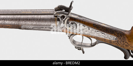 A pin-fire side-by-side shotgun, K. Czermak in Hohenstadt circa 1860. Damascus barrels with somewhat rough bores in 17 mm calibre, a gold-inlaid signature on the mid rib. Back action locks, lock plates signed as well. Finely craved walnut stock with iron furniture richly engraved with hunting scenes inlaid in gold. Trigger guard partly made of horn. Length 116 cm. Erwerbsscheinpflichtig. historic, historical, 19th century, civil long guns, gun, weapons, arms, weapon, arm, firearm, fire arm, gun, fire arms, firearms, guns, object, objects, stills, clipping, clip, Stock Photo
