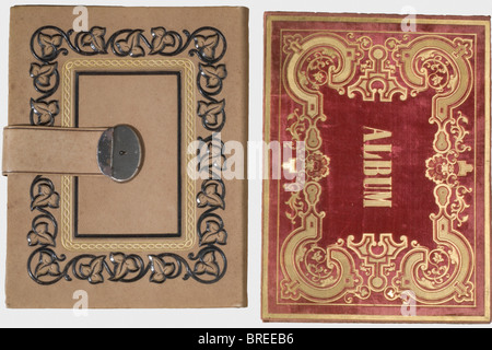 A German leather writing case and album, 2nd half of the 19th century Light brown leather folder with tooled and raised decoration in dark brown and gold. Silk lining. Leather loops for ivory writing implements, English pens. Dimensions ca. 31.5 x 25 cm. The album is bound in gold-stamped red velvet. Blank pages with gilt edging. Dimensions 24 x 32 cm. Each bears the "ON" inventory label. Provenance: Grand Duchess Olga Nikolaevna Romanova (1822 - 1892). historic, historical, 19th century, object, objects, stills, clipping, clippings, cut out, cut-out, cut-outs, Stock Photo