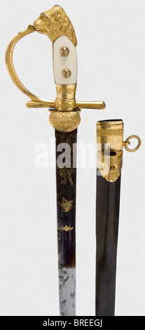 A German hunting hanger, middle of the 19th century Straight single-edged blade, blued for half its length and decorated with etched and gilt trophies. Gold-plated hilt with straight quillons, the guard displays a hunting horn and boar spear within an oak leaves wreath. Lion head pommel, ivory grip plates. Leather-covered wooden scabbard with gilt fittings, by-knife missing. Blade is stained, with very beautiful gilding. Length 73.5 cm. historic, historical, 19th century, double-edged hunting knife, thrusting, thrustings, weapon, arms, weapons, arms, fighting d, Stock Photo