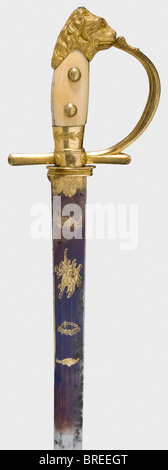 A German hunting hanger, middle of the 19th century Straight single-edged blade, blued for half its length and decorated with etched and gilt trophies. Gold-plated hilt with straight quillons, the guard displays a hunting horn and boar spear within an oak leaves wreath. Lion head pommel, ivory grip plates. Leather-covered wooden scabbard with gilt fittings, by-knife missing. Blade is stained, with very beautiful gilding. Length 73.5 cm. historic, historical, 19th century, double-edged hunting knife, thrusting, thrustings, weapon, arms, weapons, arms, fighting d, Stock Photo