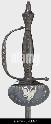 A Russian court sword with applied double-headed eagle, early 19th century A triangular thrusting blade with rich floral etching and silver-inlaid Cyrillic letters for half its length. Blackened steel hilt with faceted decorative rivets. The guard bears a superimposed silver Russian double-headed eagle. Length 93.5 cm. historic, historical, 19th century, thrusting, thrustings, hand weapon, hand weapons, melee weapon, melee weapons, handheld, blade, blades, weapon, arms, weapons, arms, object, objects, stills, clipping, clippings, cut out, cut-out, cut-outs, Stock Photo