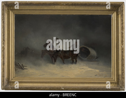 Alexei Akininoff (1849 - 1877), horse sleigh in snow storm, 1876 Oil on canvas, signed and dated on lower right 'Akininoff 1876'. Size 47 x 71 cm. In gilt plaster frame (damaged), 65 x 89 cm. Alexei Akininoff, a talented painter of battle scenes, studied at the Saint Petersburg art academy. historic, historical, people, 19th century, object, objects, stills, clipping, clippings, cut out, cut-out, cut-outs, Stock Photo