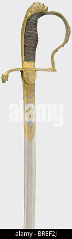 A lion's head sabre with Damascus blade for officers, of the Saxon artillery Pipe-backed, forged Damascus blade with yelmen. Etched and gilt floral decoration at the base of the blade on both sides displaying the national coat of arms with the crowned cipher 'AR', or 'Eisenhauer' and 'Damaststahl' respectively. Gold-plated knuckle-bow hilt with a lion head grip cap. The obverse languets bear crossed cannon barrels. Sharkskin grip with wire winding. Blued steel scabbard (lightly rusted). Length 95.5 cm. historic, historical, 19th century, Saxony, Saxonia, Saxoni, Stock Photo