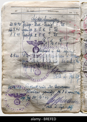 General of Panzer Troops Hasso von Manteuffel (1897 - 1978), Soldbuch (pay book) Issued 20 September 1939 as a Major in Cavalry School 8, ID photo with Knight's Cross, many entries: promotions up to General of Panzer Troops, Knight's Cross, Oak Leaves, Oak Leaves with Swords, Oak Leaves with Swords and Diamonds, Tank Battle Badge in Bronze and Silver. Obvious signs of use, the cover is worn out. For uniforms and other items from Manteuffel's estate, see Hermann Historica historic, historical, 1930s, 1930s, 20th century, armoured corps, armored corps, tank force, Stock Photo