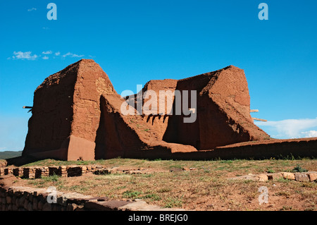 Ruins of Pecos Pueblo and Spanish Mission church at Pecos National Historical Park, Pecos, NM. Stock Photo