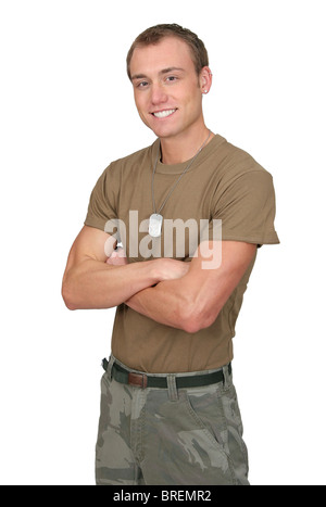 one fit attractive soldier in a brown t-shirt with dogtags half length portrait over white Stock Photo