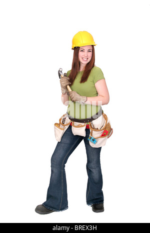 expressive beautiful construction worker woman with hardhat and tools working over white Stock Photo