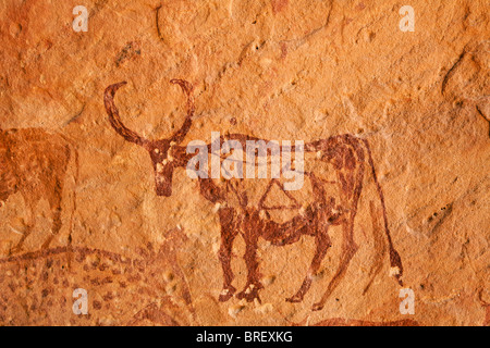 Painted domestic cows, rock art in the Akakus Mountains, Sahara Desert, Libya Stock Photo