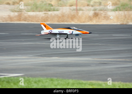RC remote controlled Real Jet airplane model in action, take off Stock Photo