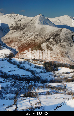 Snow covered Causey Pike and the Newlands Valley in winter, English Lake District. Stock Photo