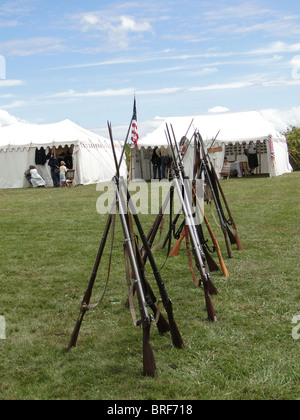 Union army rifles, stacked in camp, Civil War Battle Re-enactment, Port Gamble, WA  Stock Photo
