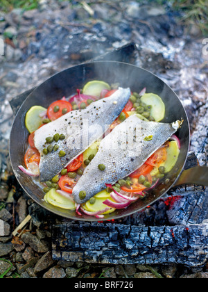 Fish fillets and vegetables cooking in pan on camp fire Stock Photo