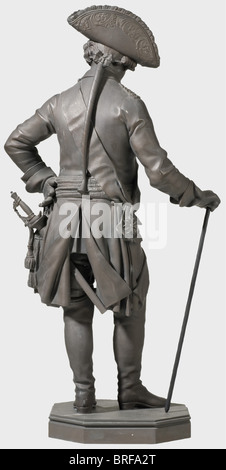 Frederick the Great - a bronze standing figure, of the king in a typical pose with cocked hat, stick, and sword, 2nd half of the 19th century. He wears the High Order of the Black Eagle on a sash over his uniform. The shaft of the stick made of wood. The point of his sword blade is broken. On an octagonal base. Height 89 cm. Provenance: The Margrave and Grand Duke of Baden's collection, Sotheby's 1995, lot 2110. people, 19th century, Prussian, Prussia, German, Germany, object, objects, stills, clipping, clippings, cut out, cut-out, cut-outs, sculpture, sculptur, Stock Photo