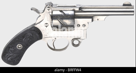 A revolver Mauser mod. 1878 (Zick-Zack-Revolver), nickel-plated, calibre 7.6 mm, no. 61. Matching numbers. Bright bore, length 95 mm. Six-shot. Top-hinged frame. On the barrel rib marked 'Gebr. Mauser & Cie. Oberndorf A/N Württemberg 1878'. Factory nickel plating, weak spots on frame, blemishes on drum. Floral hard rubber grip panels. One of the first Zick-Zack-Revolvers in very good condition. Erwerbsscheinpflichtig. historic, historical, 19th century, civil handgun, civil handguns, handheld, gun, guns, firearm, fire arm, firearms, fire arms, weapons, arms, we, Stock Photo