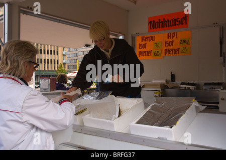 Stall selling lamperns (river lamprey) sold in autumn in Pori Finland Europe Stock Photo