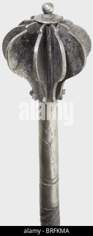 An Hungarian mace, circa 1600. Heavy, eight flanged head on a tapered copper-soldered socket. A wooden shaft with spiral grooves and black leather cover. Grooved iron grip with a small pommel knob. Pitted in places. Length 58.5 cm. historic, historical,, 17th century, axe, ax, axes, ax, tool, tools, military, militaria, fighting device, object, objects, stills, battle ax, battle axe, poleaxe, battle axes, battle axes, poleaxes, clipping, cut out, cut-out, cut-outs, metal, metals, weapon, arms, weapons, arms, ornamented, Additional-Rights-Clearences-Not Available Stock Photo