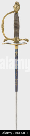 A smallsword for an admiral or other high ranking French naval officer of the 1st Empire.A triangular thrusting blade,the top quarter is blued and bears etched gilded vines and martial trophies.Brass knucklebow hilt with remnants of the fire gilding,Helmet pommel and quillons with lion head finials.The silver wire winding and braided ferrules are somewhat loose.Length 102.5 cm.Very beautiful condition.The enamelled copper plate has minimal hairline cracks.Presumably,the sea battle shown is Algeciras on 6 July 1801 when Rear Admiral Charles Durand-Lino,Additional-Rights-Clearences-Not Available Stock Photo