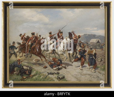 Emil Hünten(1827 - 1902),Blücher hussars attacking a French columnn Oil on canvas,signed on the lower right. Scene from the Franco-German war. A patrol of the Hussar Regiment Fürst Blücher von Wahlstatt(Pomeranian)No. 5 fighting against French infantrymen. Plain profile frame. Picture size 80 x 61 cm,framed 90 x 71 cm. Emil Hünten was without doubt one of the most distinguished German painters of battle scenes and was especially renowned for(transl.)'his talent for the vivid,historical,ly accurate portrayal of the single moment'. Cf. Thieme-Becker,vol,Additional-Rights-Clearences-Not Available Stock Photo