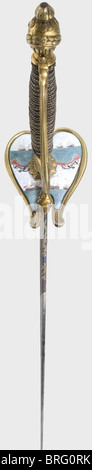A smallsword for an admiral or other high ranking French naval officer of the 1st Empire.A triangular thrusting blade,the top quarter is blued and bears etched gilded vines and martial trophies.Brass knucklebow hilt with remnants of the fire gilding,Helmet pommel and quillons with lion head finials.The silver wire winding and braided ferrules are somewhat loose.Length 102.5 cm.Very beautiful condition.The enamelled copper plate has minimal hairline cracks.Presumably,the sea battle shown is Algeciras on 6 July 1801 when Rear Admiral Charles Durand-Lino,Additional-Rights-Clearences-Not Available Stock Photo