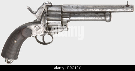 A Le Mat action pin-fire revolver,circa 1865.In 11 mm Lefaucheux and 15.4 mm calibres.Serial number 18334.Octagonal bullet barrel above a round shot barrel with percussion ignition.Stamped '15.4' on the bottom.Nine-shot,grooved cylinder.Hammer with a movable nose to fire the percussion shot barrel.Firing pin(added later?)for centre fire ammunition.Checkered wooden grip panels.Metal surfaces are slightly pitted in places.Hammer spring is fatigued.Length 33 cm.Erwerbsscheinpflichtig.historic,historical,19th century,civil handgun,civil handgun,Additional-Rights-Clearences-Not Available Stock Photo