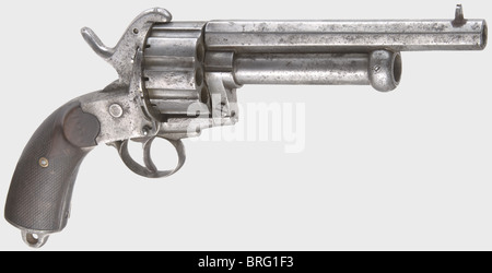 A Le Mat action pin-fire revolver,circa 1865.In 11 mm Lefaucheux and 15.4 mm calibres.Serial number 18334.Octagonal bullet barrel above a round shot barrel with percussion ignition.Stamped '15.4' on the bottom.Nine-shot,grooved cylinder.Hammer with a movable nose to fire the percussion shot barrel.Firing pin(added later?)for centre fire ammunition.Checkered wooden grip panels.Metal surfaces are slightly pitted in places.Hammer spring is fatigued.Length 33 cm.Erwerbsscheinpflichtig.historic,historical,19th century,civil handgun,civil handgun,Additional-Rights-Clearences-Not Available Stock Photo