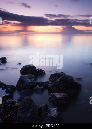 Low Tide Sunset, New Brighton Beach, Wirral Peninsula Stock Photo