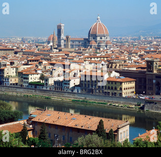 Basilica di Santa Maria del Fiore (Duomo) and River Arno from Piazzale Michelangelo, Florence, Tuscany, Italy Stock Photo