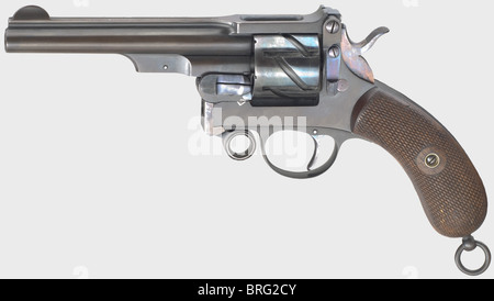 A revolver Mauser mod. 1878('Zick-Zack-Revolver'),calibre 9 mm Mauser,no. 1759. Almost bright bore,barrel length 135 mm. 2nd version with top-hinged frame. On the barrel rib marked 'GEBR. MAUSER & CIE OBERNDORF A/N WÜRTTEMBERG. 1878 PATENT'. Complete silky sheen finish. Cylinder and small parts blued. Faultless dark brown walnut grip panels with fine checkering. Lanyard loop. Almost new condition. Rare. Erwerbsscheinpflichtig. historic,historical,19th century,civil handgun,civil handguns,handheld,gun,guns,firearm,fire arm,firearms,fire arms,weap,Additional-Rights-Clearences-Not Available Stock Photo