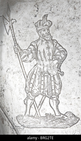 An etched German back plate for a suit of armour,circa 1580,some of the etching done later. Back plate made in one piece with shaped shoulder blades,and turned under and corded rims. Embossed decorative lines with a cruciform mark in the region of the lower back. Fine original black etching of elaborate martial trophies along the edges. Additional etchings showing two Landsknechts added during the Historismus period. Height 37 cm. Provenance: Paul Collection,Berlin. historic,historical,16th century,defensive arms,weapons,arms,weapon,arm,fighting dev,Additional-Rights-Clearences-Not Available Stock Photo