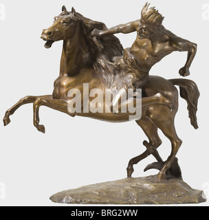 Charles Lemoine (1839 - unknown) - Warrior on Horseback, patinated bronze. Warrior with headdress, the right hand tightly grasping the horse's mane, the left originally holding a spear (now missing). On irregularly shaped base signed 'Lemoine'. Height 43 cm. fine arts, people, 19th century, fine arts, art, statuette, figurine, figurines, statuettes, sculpture, sculptures, object, objects, stills, clipping, clippings, cut out, cut-out, cut-outs, Artist's Copyright has not to be cleared Stock Photo