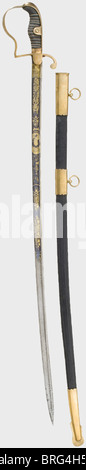 A magnificent presentation Fusilier sabre for First Lieutenant Nütten,of the Lower Rhine Fusilier Regiment,No.39.Slightly curved pipe-backed Damascus blade with yelmen,more than half the blade length decorated with fine gilded ornamental etching on a blued background.The obverse side is inscribed,'Nütten Premier-Lieutenant',above a crowned of the Kaiser and the name scroll 'Wilhelm I.'.The reverse side has the dedication cartouche,'Zum Andenken v.d.4ten Comp.d.Landwehr-Uebungs-Batallion Neuß i.d.Zeit vom 9 - 20 Mai 1876'(In Memory of the 4th Co.,Additional-Rights-Clearences-Not Available Stock Photo