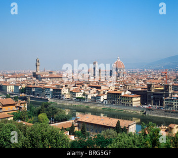 Basilica di Santa Maria del Fiore (Duomo), Palazzo Vecchio and River Arno from Piazzale Michelangelo, Florence, Tuscany, Italy Stock Photo