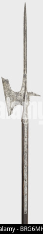 A German halberd, circa 1530 Heavy quadrangular thrusting spike. Blade with a straight edge and an imperial orb stamped on one side. Heavy, jagged beak on the back. Polygonal socket with two long languets. Ash shaft is an old replacement. Length 224 cm., historic, historical, 16th century, pole weapon, weapons, arms, weapon, arm, fighting device, military, militaria, object, objects, stills, clipping, clippings, cut out, cut-out, cut-outs, metal, Additional-Rights-Clearences-Not Available Stock Photo