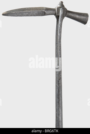 A German etched horseman's war hammer,circa 1560 Slender head with a strong quadrangular beak,and a conical round hammer head on the reverse side.Half-round belt clip mounted on the side.Round,slightly tapered iron handle with a square base,slightly bent just below the hammer head.Grip has a small round guard plate with a parrying hook on the side.Wooden grip piece has original fabric cover and a domed pommel plate with a small finial.The entire surfaces of the metal parts are etched with fine arabesque decoration.Length 56.5 cm.,historic,historical,Additional-Rights-Clearences-Not Available Stock Photo