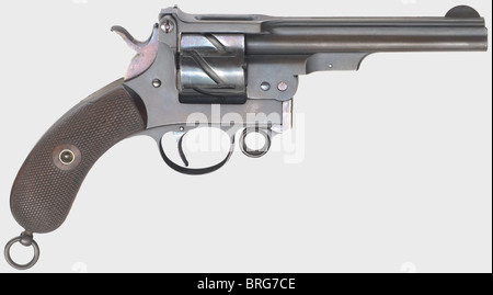 A revolver Mauser mod. 1878('Zick-Zack-Revolver'),calibre 9 mm Mauser,no. 1759. Almost bright bore,barrel length 135 mm. 2nd version with top-hinged frame. On the barrel rib marked 'GEBR. MAUSER & CIE OBERNDORF A/N WÜRTTEMBERG. 1878 PATENT'. Complete silky sheen finish. Cylinder and small parts blued. Faultless dark brown walnut grip panels with fine checkering. Lanyard loop. Almost new condition. Rare. Erwerbsscheinpflichtig. historic,historical,19th century,civil handgun,civil handguns,handheld,gun,guns,firearm,fire arm,firearms,fire arms,weap,Additional-Rights-Clearences-Not Available Stock Photo