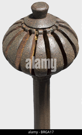 A Hungarian mace, 17th century Iron striking head with 15 flanges and a conical finial. Faceted, hollow-forged shaft with two decorative balusters and a leather-covered midsection. Length 54 cm., historic, historical,, 17th century, axe, ax, axes, ax, tool, tools, military, militaria, fighting device, object, objects, stills, battle ax, battle axe, poleaxe, battle axes, battle axes, poleaxes, clipping, cut out, cut-out, cut-outs, metal, metals, weapon, arms, weapons, arms, ornamented, Additional-Rights-Clearences-Not Available Stock Photo