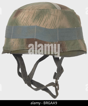 A steel helmet for paratroopers,2nd model Painted olive brown in the field(wear-related defects),the original blue-grey paint lies underneath.Interior stampings '172' and 'ET 68',aluminium inner ring with light rubber padding,blue grey leather strapping and neutral colour leather liner fastened with four screws,maker's mark 'Heisler Berlin 2' and 'Kopfweite: Gr.56 - Stahlhelm: Gr.68'.Signs of wear.Complete with the rare 'Sumpftarnmuster' camouflage cover with attachment bands for the camouflage material and six non-magnetic hook fasteners.,historic,,Additional-Rights-Clearences-Not Available Stock Photo
