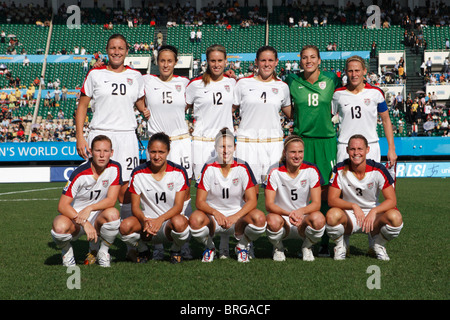 The USA starting eleven lines up prior to the start of a 2007 Women's World Cup soccer match against Sweden (see description). Stock Photo