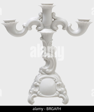 A pair of three branch Baroque candelabras, Allach Porcelain Factory Design by Franz Nagy. Model Number 21. White, glazed porcelain. On the bottom in underglaze green the manufacturer's mark in an octagon. Height 32 and 33 cm. Absolutely undamaged., historic, historical, 1930s, 1930s, 20th century, object, objects, stills, clipping, clippings, cut out, cut-out, cut-outs, Additional-Rights-Clearences-Not Available Stock Photo